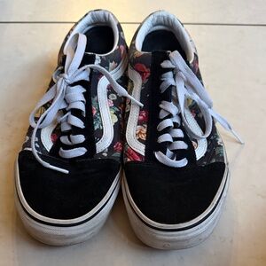 Vans Black Floral Sneakers with White Accents